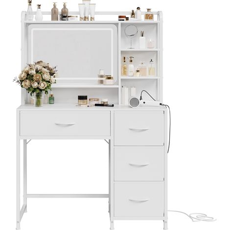 GARVEE - Coiffeuse avec Miroir 90x40x130cm - Table de Maquillage 4 Tiroirs Tissu & Étagères - Meuble Chambre Femme Fille (1/5)