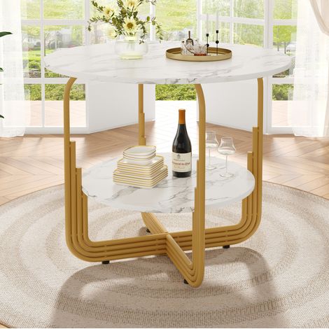 Table à manger ronde 80x80x76 cm pour 4 à 6 personnes, avec étagère ronde, placage marbre, pieds réglables, MDF, blanc + jaune (1/5)