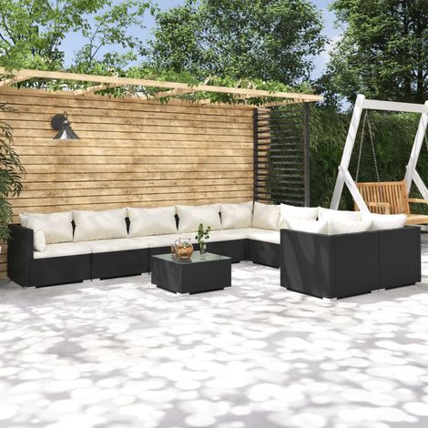 Salon de jardin 10 pcs Ensemble Table et Chaise de Jardin - avec coussins Résine tressée Noir BV656198 - BonneVie (1/5)