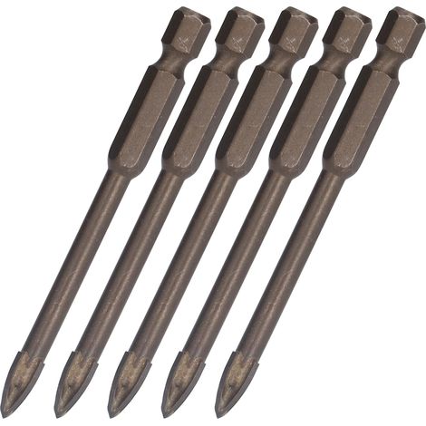 Lot de 5 forets cruciformes 6 mm queue hexagonale 1/4 po pour carrelage verre céramique béton acier au carbure (1/5)