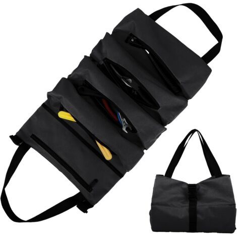 QORVA-(Noir)Sac à Outils Enroulable en Toile – Trousse à Outils avec 5 Poches Zippées – Pour Électriciens, Plombiers, Charpentiers, Ménage, Voitures et Motos (1/5)