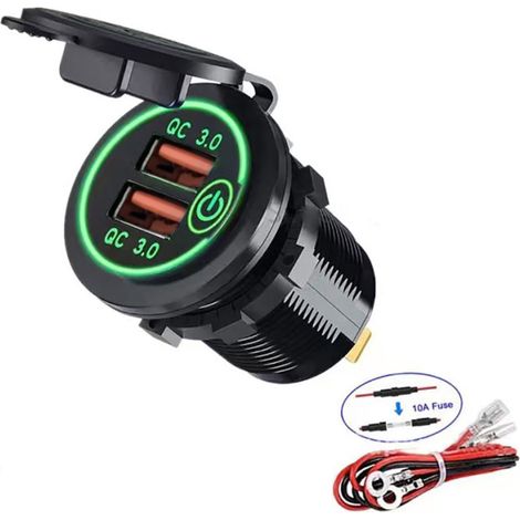 Sollbry QC 3.0 Double Prise de Chargeur USB, Prise USB éTanche 12 V/24 V avec Interrupteur Tactile pour Voiture, Marine, Bateau, Camping-Car, Vert (1/5)