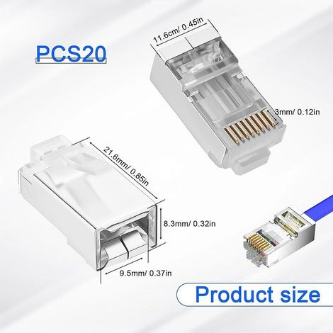 Lot de 20 connecteurs RJ45 blindés Cat6/Cat6A traversants pour FTP/STP et câbles rigides - Connecteurs de brassage Ethernet 3 broches (1/5)
