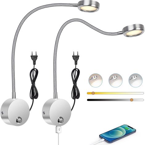 2pcs Lampes de lecture murales, liseuse de chevet avec interrupteur tactile dimmable 3000-6000K, port de charge USB, 4W liseuse de lit pivotante à 360° avec prise et câble pour chambre, argent [Classe (1/5)