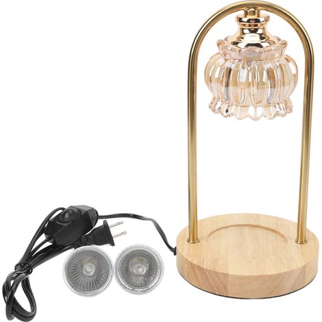 Ortviai Lampe chauffe-cire électrique réglable avec base en bois et abat-jour en verre, 2 ampoules 50 W (1/5)