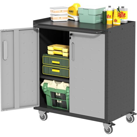 Carrello per Utensili 75x42x88 cm, Mobile per Utensili con Ruote, 2 Ante, Facile da Spostare e Bloccare, in Metallo, Nero (1/5)