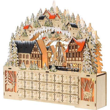 Calendrier 45 x 9 x 42, 5 cm de l'Avent 18 LED 24 tiroirs village de Noël réutilisable (1/5)