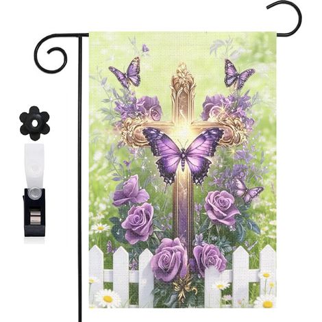 Bannière de cour Welcome et composition de croix et fleurs 30 x 45 cm décoration extérieure et intérieure (1/5)