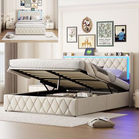 Beige Velours Bett 140x200 cm mit dimmbaren LEDs und USB-Anschluss - Lattenrost