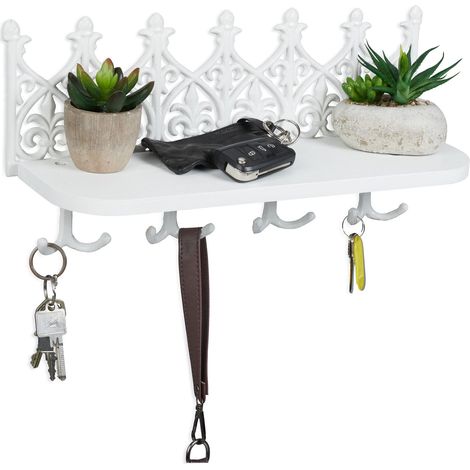 Panneau à clés avec étagère, Porte-clefs Mural 8 Crochets, Fonte, Armoire Clef Vintage, entrée, Couloir, Blanc (1/5)