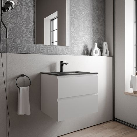 BERNSTEIN - Meuble vasque suspendu salle de bain MDF Blanc mat, lavabo fonte minérale Noir mat + trou robinet - 60x46x50cm - AVA CREAM Blanc mat, Noir mat avec trou pour robinetterie