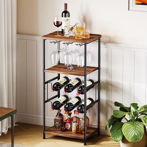 Dripex Étagère à vin à 5 étages avec Support en Verre et Plateau de Table, étagère à Bouteilles pour 6 Bouteilles, pour Cuisine, Bar, Cave, 40 x 30 x 80,5 cm, Marron Vintage/Noir (1/5)