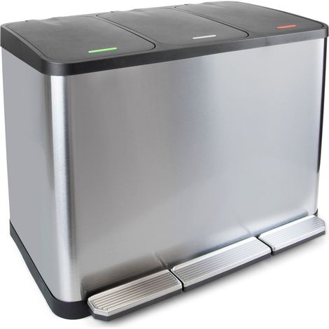 Emuca Recycle Inox, contenitore per la raccolta differenziata da esterno con scomparti, apertura del coperchio a pedale, 3x15 lt, Acciaio inossidabile