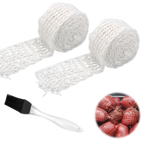 3 m x 2 rouleaux de filet à jambon, filet de fumage blanc, filet à viande, filet extensible pour suspendre, cuire et cuire de la viande, avec 1 pinceau à pâtisserie, 5 à 16 cm de large, 16 (1/5)