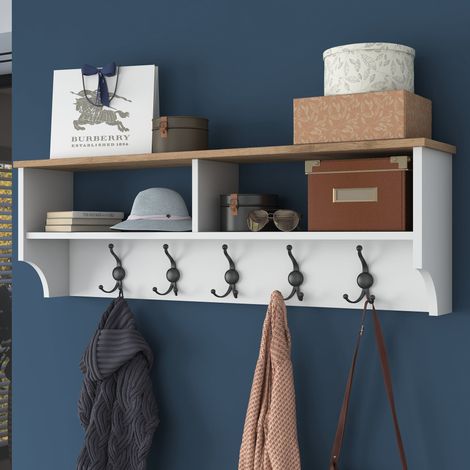 Garderobe Magherno, 5 Haken, Wandmontage, Strukturfarbe Braun, 37h cm Weiß (1/5)