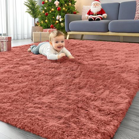 Tapis moelleux lavable pour salon Terre cuite 80 x 150 cm Tapis antidérapant à poils longs doux et épais pour chambre d'enfant (1/5)