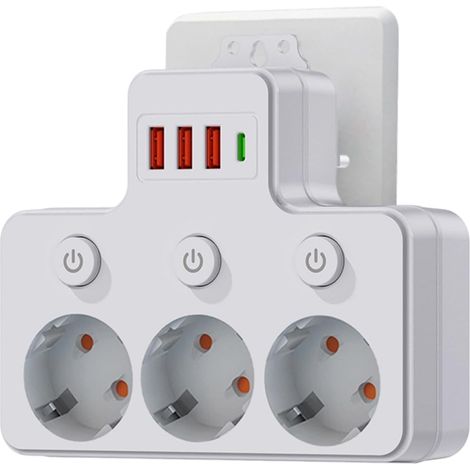 Multipresa a muro con 3 prese e interruttore, 3 porte USB-A + 1 porta USB-C per casa, ufficio e dormitorio. (1/5)