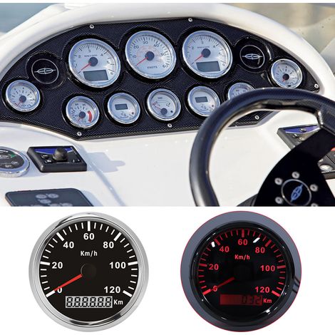 Compteur de vitesse GPS universel 85 mm / 3,3 pouces, étanche et antibuée, 0-120 km/h, pour voiture, camion, bateau et moteur (cadre argenté, cadran noir). (1/5)