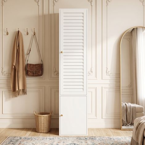 Armoire colonne 45 x 50 x 200 cm, porte à lattes, tringle et 3 compartiments de rangement, blanc (1/5)