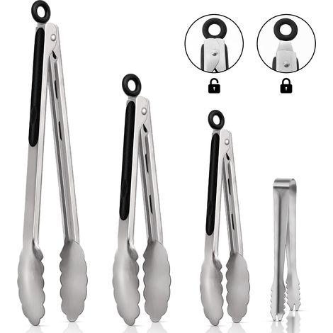 Pinces Cuisine Inox 4 Tailles Poignée Caoutchouc - 1 set, inox, universel - pince barbecue cuisson griller servir professionnell (1/5)