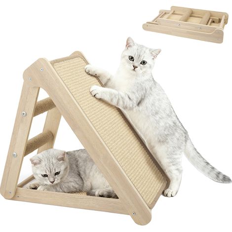 Tiragraffi per gatti, design triangolare pieghevole, struttura in legno massello, giallo chiaro (1/2)