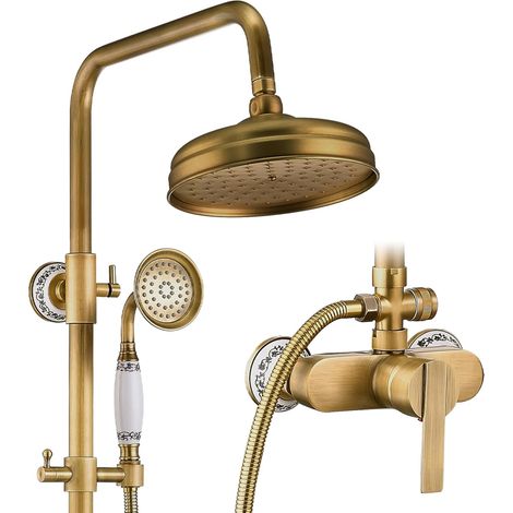 Colonne de douche, colonne de douche finition or antique, rétro  Comprend une douche de tête de 20 cm et une douchette à main, réglables librement en hauteur et en angle, pour montage mural (1/5)