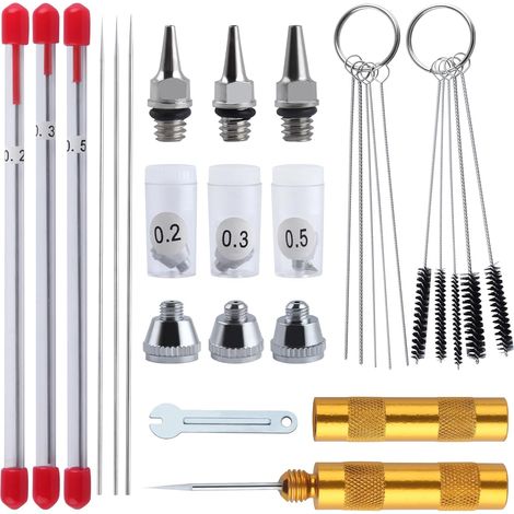 21 pcs kit de capuchon de buse pour aérographe 0,2 mm 0,3 mm 0,5 mm pièces de rechange pour différents effets de pulvérisation, mini clé et kit de nettoyage d’aérographe