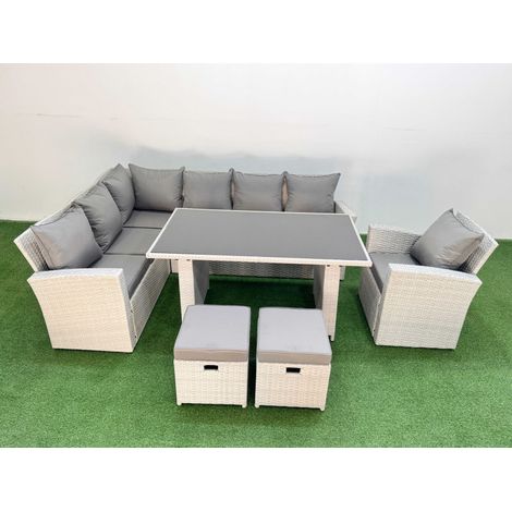 Fimous 9 Seater Wicker Rattan Corner Sofa Sets Outdoor Garden Furniture Sets with Rectangular Dining Table Lounge Sofa 2 Small Footstools Armchair Light Grey (1/5)