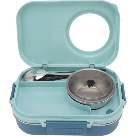 Boîte à lunch isotherme 1100 ml à double compartiment et 3 compartiments, en acier inoxydable 304, avec baguettes, cuillère et bol à soupe, bleue. (1/5)