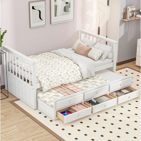 Letto singolo per bambini 90 x 200 cm con letto estraibile 90 x 190 cm e 3 cassetti, bianco (1/5)