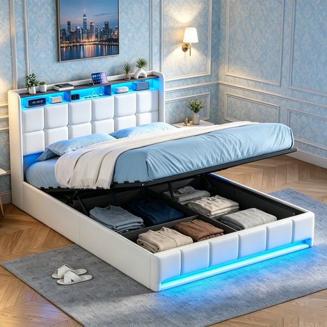 JOOKGBD–Letto a Contenitore 140x190 cm,Letto Matrimoniale Imbottito,Contenitore Idraulico,LED,USB-C,Rete a Doghe,Letto Giovanile,Lino,Beige