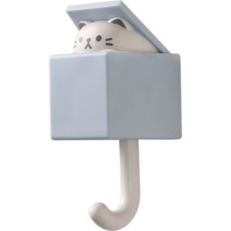 Simpatico e creativo gancio da parete in ABS da 1,5 kg, multifunzionale con rivestimento adesivo e portachiavi, a forma di gatto grigio e blu. (1/5)