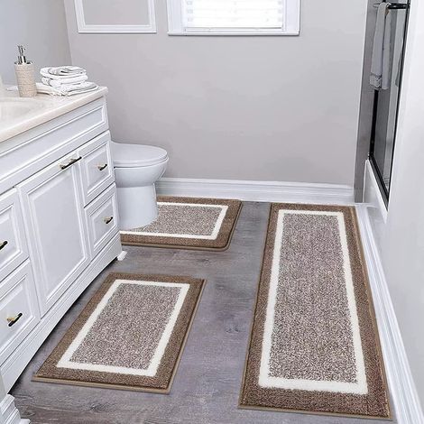 Set of 3 bathroom mats, extra soft, non-slip, absorbent, microfiber, dark brown (1/4)