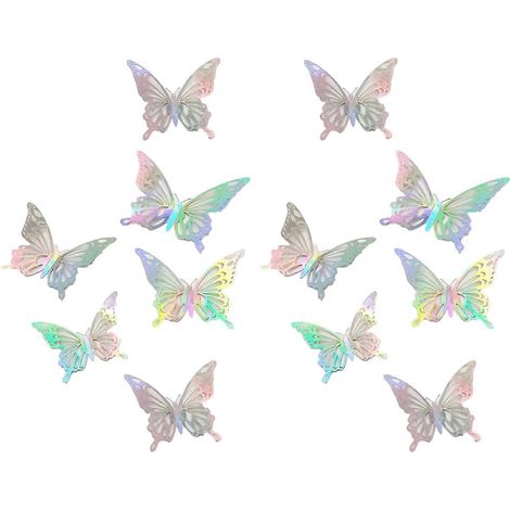 Lot de 12 papillons 3D autocollants muraux – Amovibles pour décorer un gateau d'anniversaire – Décor métallique ajouré à faire soi-même pour une chambre - Argent (1/5)