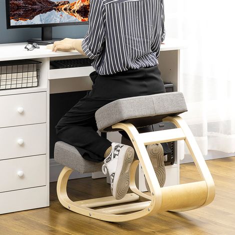 Sedia inginocchiata, sgabello ergonomico, sgabello imbottito per una postura corretta, legno di betulla, portata 120 kg, grigio