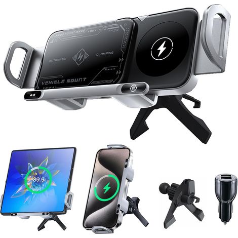 Support de téléphone Portable de Voiture pour Galaxy Z Fold/Flip avec Fonction de Charge 15 W Dual Coils QC 3.0 Fast Charge pour Z Fold/Flip 6 - Support de Voiture Rotatif Automatique