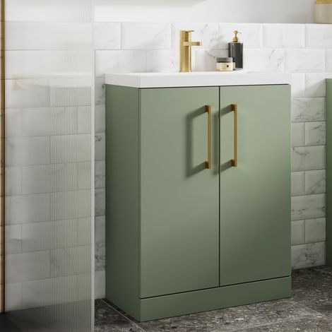 Nuie Arno Satin Green 500mm 2 Door Vanity Unit and Minimalist Ceramic Basin - ARN801B (1/5)