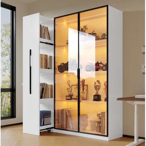 Vitrina LED con puertas de cristal y almacenamiento lateral, 110,5 x 35 x 160 cm, blanca HAVRYA (1/5)