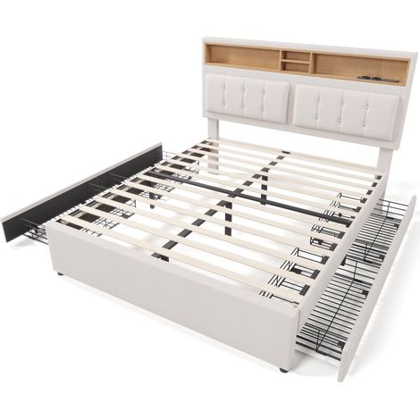 Cama doble 160x200 cm de lino beige con 4 cajones, cabecero ajustable y USB/USB-C, HOMVRA (1/5)