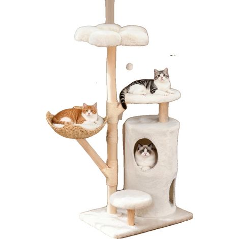 Albero per gatti, centro attività multilivello, morbidi appartamenti, legno bianco naturale (1/2)