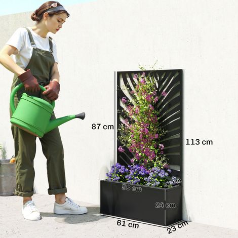 Jardinière avec treillis, bac à fleurs avec brise-vue en métal, pour cour, jardin, balcon, 61 x 23 x 113 cm, noir (1/4)