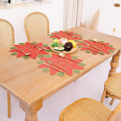 Lot de 4 sets de table Poinsettia de Noël Lot de 4 napperons de fleurs de poinsettia rouges et verts Sets de table ronds de Noël Napperon pour cuisine Table à manger Maison Décoration de vacances (1/5)