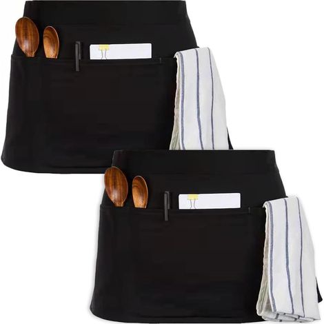 Lot de 2 tabliers de serveur – Tablier noir mi-long pour serveur, tablier unisexe avec 3 poches, idéal pour café, cuisine, restaurant et personnel de bar, durable et élégant (1/5)