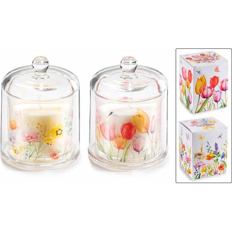 Candele profumate in campana di vetro trasparente con decorazioni floreali, in confezione regalo, set da 4 pezzi, Candela: Ø 9 cm x 12 H