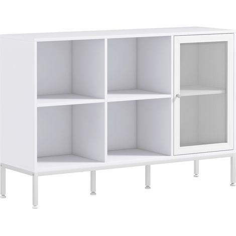 Aparador Blanco Puerta Malla 4 Compartimentos Abiertos Estante Ajustable 120x37x81.5 cm (1/5)