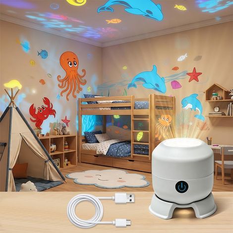 Projecteur LED Rotatif Dynamique, Projecteur Océanique Pivotant à 360° Rechargeable, Lumière de Projection Rotative Colorée, Alimenté par USB, pour Chambre, Salon, Salle de Bain (Ocean) (1/5)
