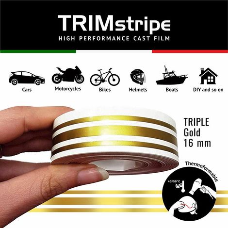 Trim Stripe Strisce Adesive per Auto, 3 Fili, Oro - Dimensione: 16 MM X 10 MT