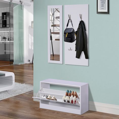 Blanc 80x27x46,5cm - Meuble d’entrée couloir Ensemble de meubles en 3 pièces Porte-chaussures Miroir Porte-manteaux avec 4 crochets pour