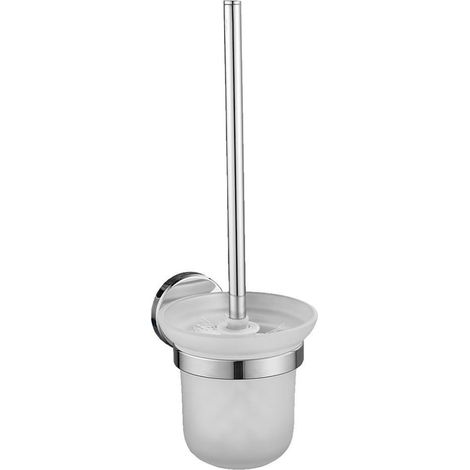 Trade Shop - PORTA SCOPINO PER WC IN ACCIAIO SATINATO CON BICCHIERE VETRO SATINATO ARREDO BAGNO 87913 - (1/5)