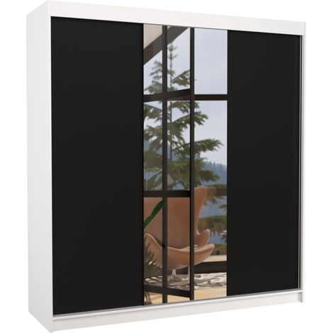 Armoire chambre adulte 2 portes coulissantes bois et miroir ZAFA 200cm-Blanc/Noir (1/5)